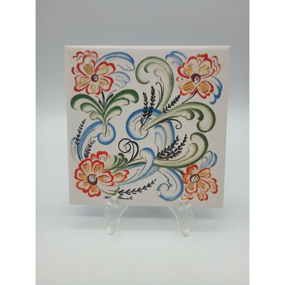 Helen Blanck Artist 6" Tile Trivet Floral Abstract Norwegian Bergquist Imports - Picture 1 of 6